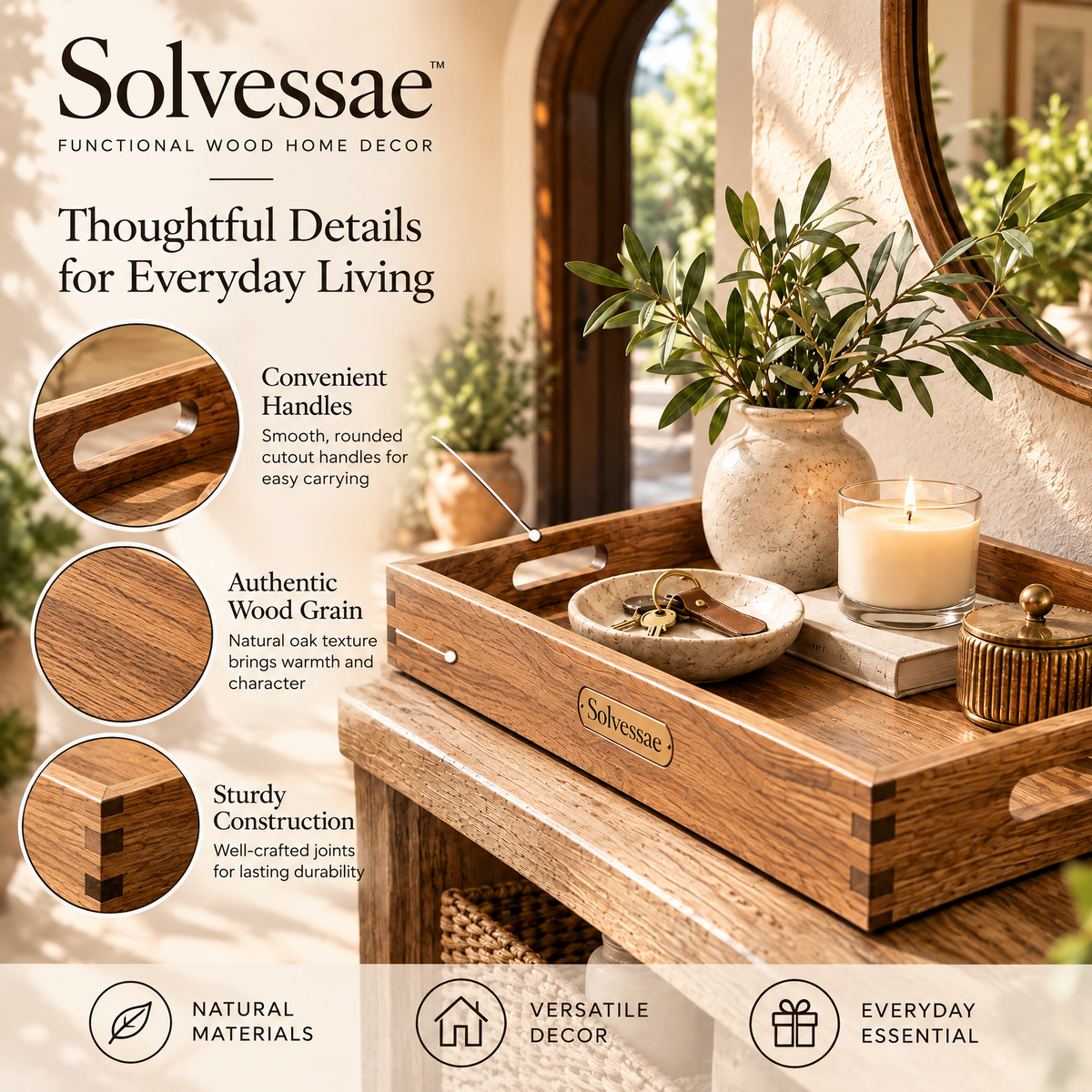 SOLVESSAE™ OakNest Natural Wooden Storage Tray