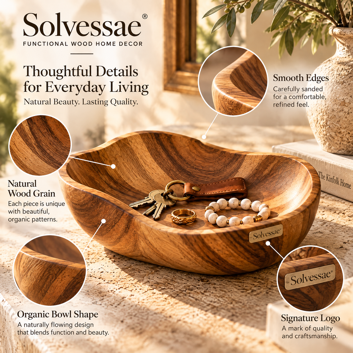 SOLVESSAE™ GrainFlow Natural Wooden Catchall Bowl